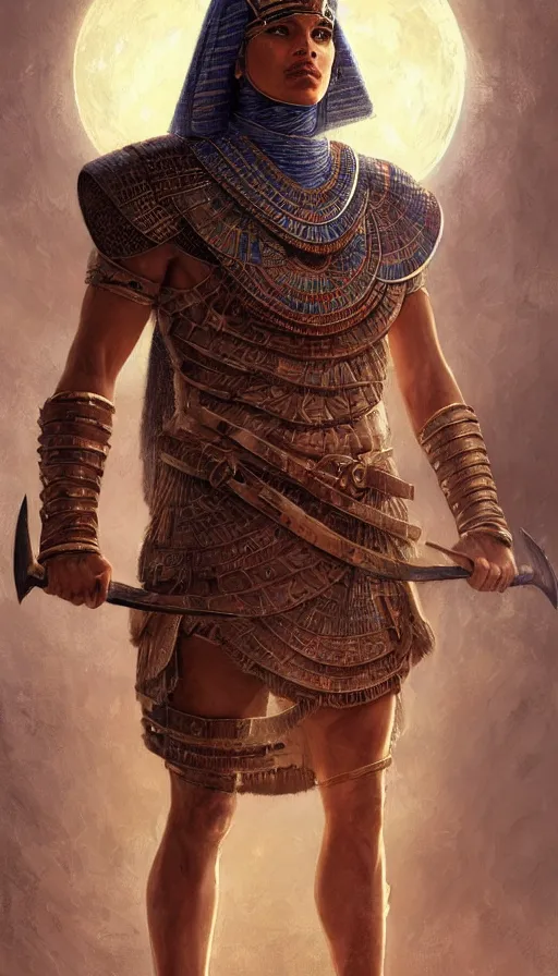 Image similar to egyptian warrior in a winter night, shaman clothing, ritual, moon beams, fame of thrones, fibonacci, sweat drops, insane, intricate, highly detailed, surrealistic, digital painting, artstation, concept art, smooth, sharp focus, illustration, unreal engine 5, 8 k, art by artgerm and greg rutkowski and alphonse mucha