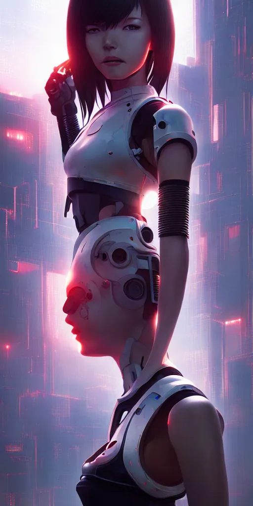 Image similar to realistic render of a cyborg - girl tearing off an arm by ross draws, futuristic dystopian city by ilya kuvshinov, digital anime art by ross tran, extreme intricate details, composition by sana takeda, lighting by greg rutkowski