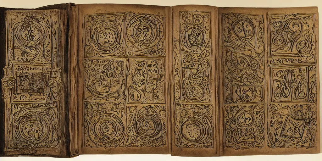 Prompt: a very detailed book of spells with ornate cryptic symbols drawn on the pages