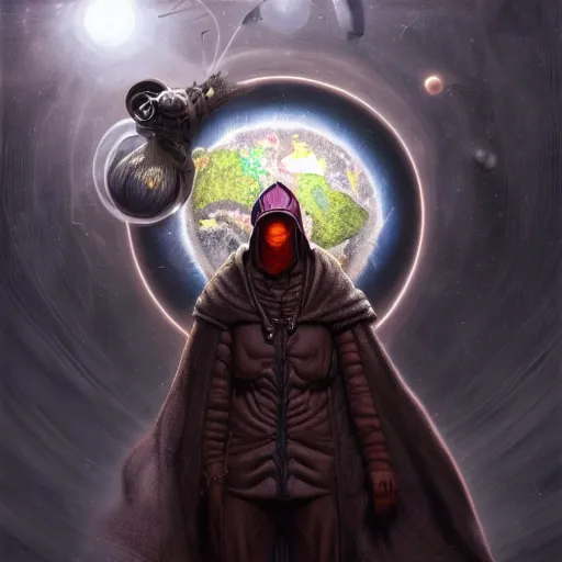 Image similar to masked nomad male wearing a cloak on an alien world and holding a holographic planet projection in his hand, detailed, sci - fi, digital painting, artstation, sharp focus, illustration, ominous, artgerm, tomasz alen kopera, peter mohrbacher, donato giancola, joseph christian leyendecker, wlop, frank frazetta