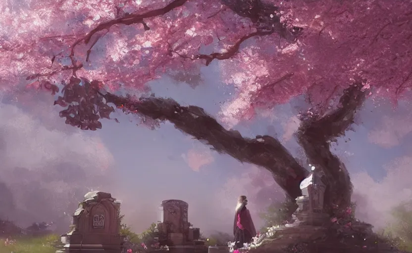 Image similar to A painting of the Grave of cherry blossoms trending on artstation in the style of Greg Rutkowski