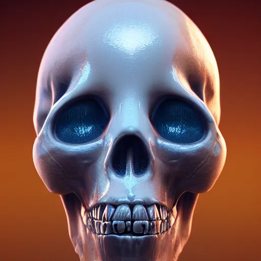 Prompt: white alien shiny crystal skull created by gems, environmental key art, octane render, weta digital, micro details, substance textures, ray trace 8 k, photorealistic, chrome, dslr, unreal