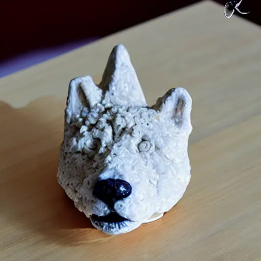 Image similar to a rice krispie square sculpture of a shiba inu head