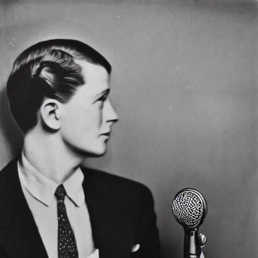 Image similar to A 1940's reporter in a suit with a microphone, photorealistic art, photo,