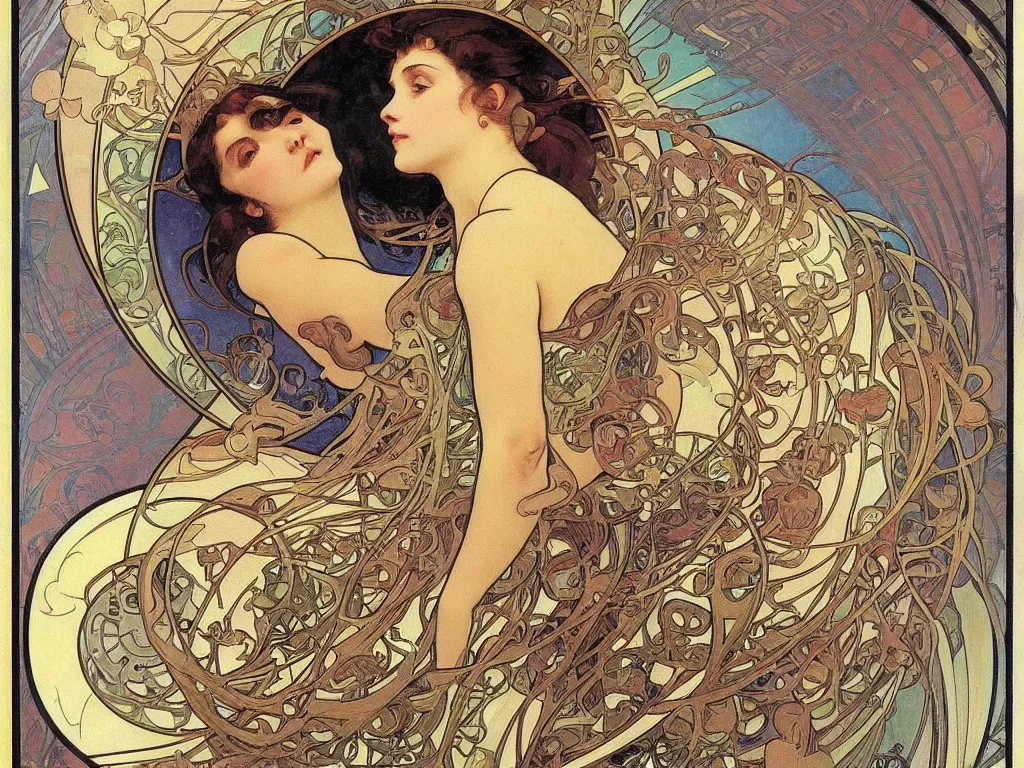 Prompt: The Universe is a spheroid region 705 meters in diameter, by Alphonse Mucha and John William Waterhouse