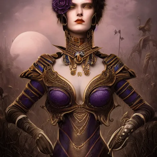 Image similar to tom bagshaw, soft painting fractal curiosities carnival, very beautiful female tigress in full nightshade gothic armor, accurate features, focus, very intricate ultrafine details, black white purple volumetric clouds, award winning masterpiece, octane render 8 k hd