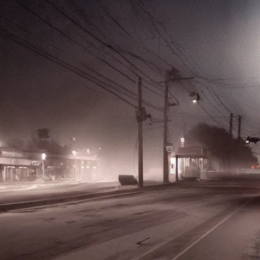 Image similar to A stunningly beautiful award-winning 8K high angle cinematic movie photograph of a dark foggy main intersection in an abandoned 1950s small town at night, by Edward Hopper and David Fincher and Darius Khonji, cinematic lighting, perfect composition, moody low key volumetric light. Color palette from Seven, greens yellows and reds. 2 point perspective