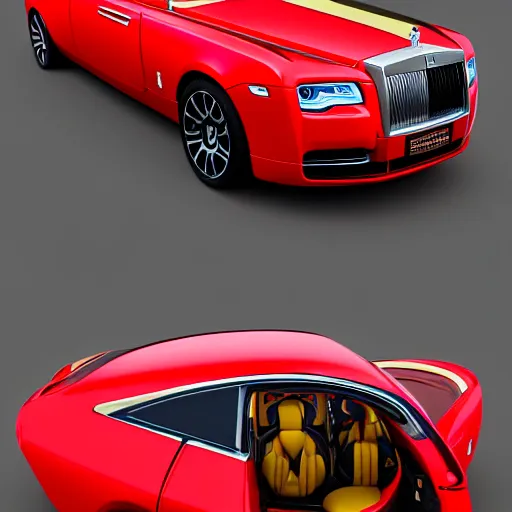 Image similar to 3 d octane render, super detailed, ray tracing, high quality, super realistic, futuristic red black and gold rolls royce. front view. aspect ratio 1 6 : 9