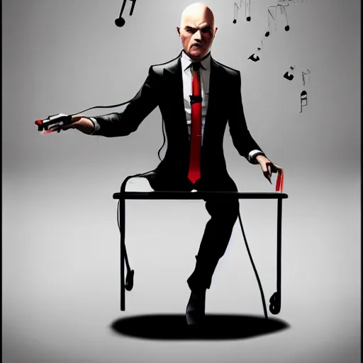 Image similar to agent 4 7 from hitman wearing headphones while playing a piano, digital art, dark fantasy, concept art