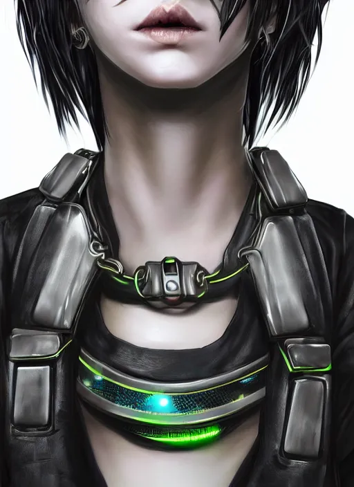 Image similar to detailed realistic female character cyberpunk wearing thick technological collar around neck, realistic, art, beautiful, 4K, collar, choker, collar around neck, punk, artstation, detailed, female, woman, choker, cyberpunk, neon, punk, collar, choker, collar around neck, cyberpunk, punk, neon