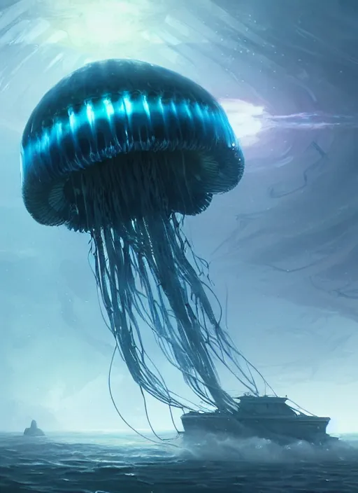 Image similar to jellyfish alien vehicle, sparks, ultra realistic, underwater temple, cinematic lighting, machines, highly detailed, sharp focus, artstation, masterpiece, art by greg rutkowski