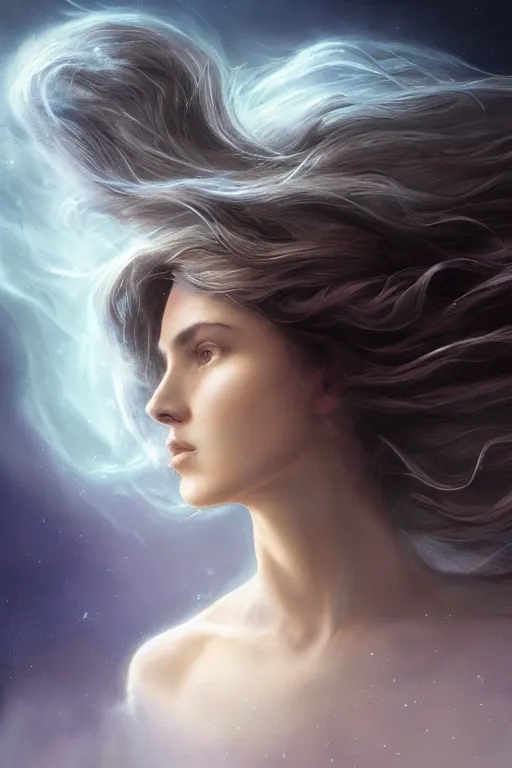 Image similar to a celestial goddess casts a transcendental magical spell, windy floating hair!!, atmospheric moody, dark academia, seductive beauty! cinematic volumetric lights, bust portrait, dnd, fantasy, intricate, elegant, highly detailed, digital painting, artstation, concept art, smooth, sharp focus, illustration, art by artgerm and tom bagshaw and greg rutkowski and alphonse mucha