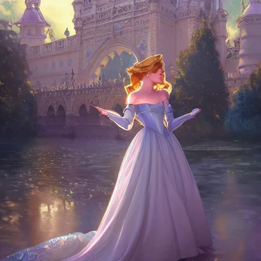 Prompt: beautiful young princess cinderella, closeup, palace background, d & d, fantasy, elegant, highly detailed, digital painting, artstation, concept art, matte, sharp focus, illustration, art by artgerm and greg rutkowski and alphonse mucha