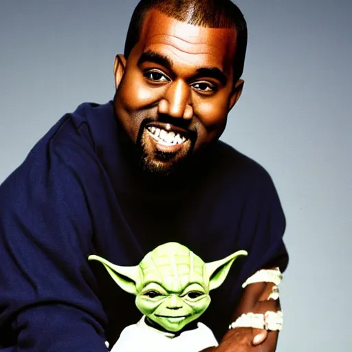 Image similar to kanye west smiling and holding yoda for a 1 9 9 0 s sitcom tv show, studio photograph, portrait