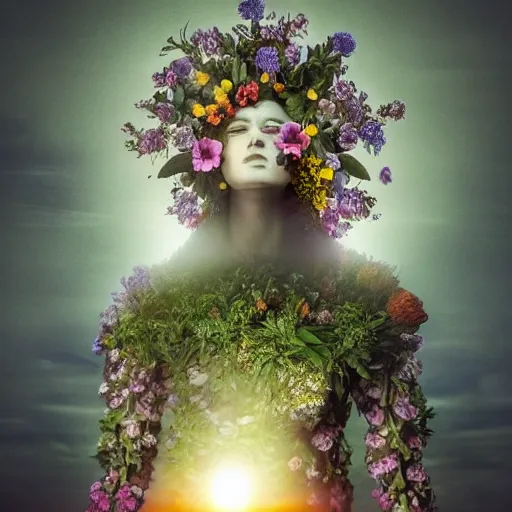 Image similar to A picture of a planet of various flowers, fungus and plants, in which the human figure is dressed in something magical and impressive, inside the picture is infinity, sunset light, Atmospheric phenomenon, artistic photography, muted colors, conceptual