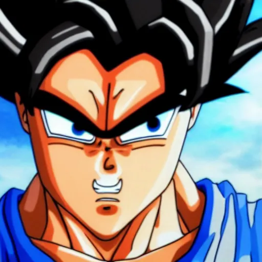 Image similar to fish eye lens close up photograph of a goku eyeing the camera with a sympathetic look