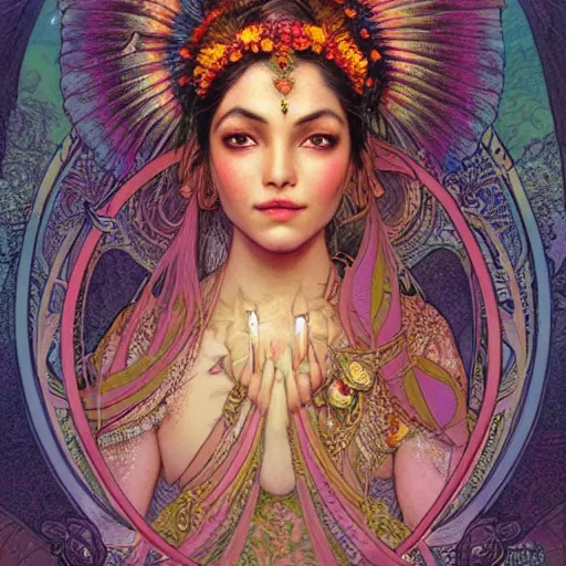 Prompt: face portrait of an indian beautiful mysterious fairy with flowery tall headgear, without hands, by eve ventrue, artgerm, thomas kinkade, hayao miyazaki. art nouveau. tarot card by mucha. gloomhaven. swirly intricate linework background. gaudy colors, sharp edges. octane render