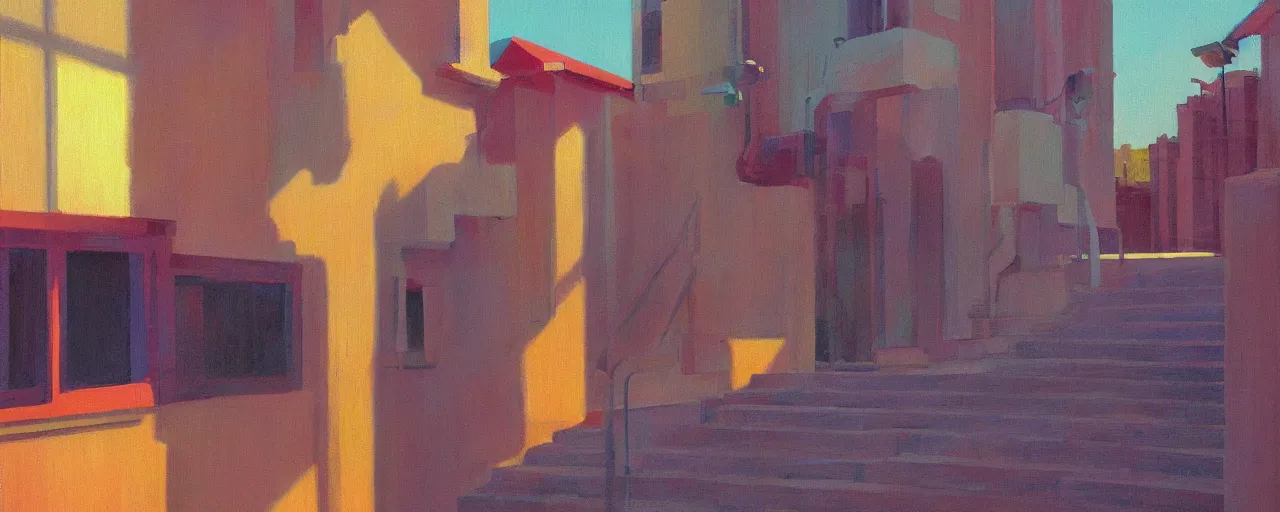 Image similar to A simplistic oilpainting of neo brutralism, a long stairway up, concept art, colorful, vivid colors, sunrise, warm colors, light, strong shadows, reflections, cinematic, 3D, in the style of Akihiko Yoshida and Edward Hopper