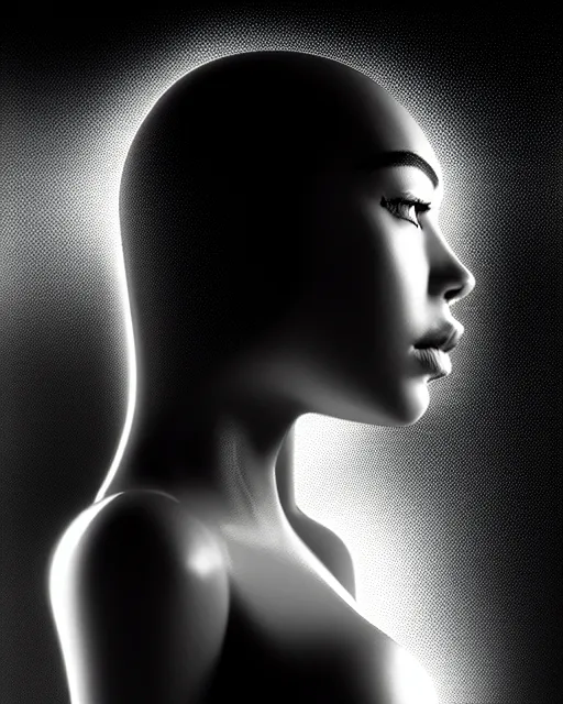 Image similar to black and white high quality photo of a beautiful futuristic female human-cyborg looking into a sci-fi mirror, volumetric lighting, liminal space, brutalism, foggy, dreamy, hyperdetailed, bokeh, photorealistic, cinematic, masterpiece, Metropolis, elegant, dark, octane render, 8K, in the style of Man Ray