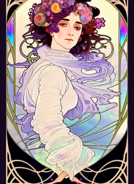Image similar to sophie howl's moving castle, rococo and art nouveau fusion, iridescent diaphanous refractive and reflective flower bouquet, tarot card, highly detailed, deep focus, elegant, digital painting, smooth, sharp focus, illustration, ultra realistic, 8 k, art by artgerm and alphonse mucha