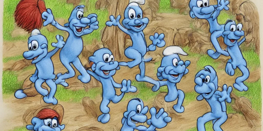 Prompt: in highly detailed color drawing of smurfs and white long bones