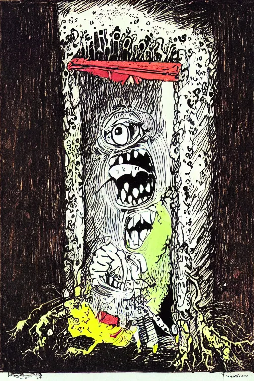 Prompt: monster hiding in the closet by ralph steadman