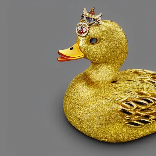 Image similar to a king duck wearing gold crown and gold necklace, ultra realistic, 4k