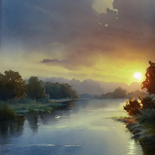 Image similar to River leading into a sunset, Watercolor, photorealistic, high resolution, award winning, trending on artstation, intricate, elegant, highly detailed, digital painting, artstation, concept art, smooth, sharp focus, illustration, art by artgerm and greg rutkowski and alphonse mucha