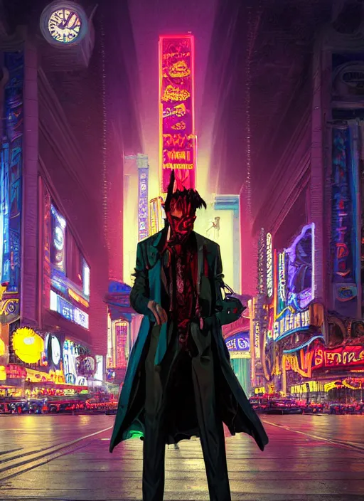 Image similar to 35mm kodak portra photograph of a shadowrun vampire on the Las Vegas strip at night by tomer hanuka and tom bagshaw, handsome face, blood, urban fantasy, hyper realism, high detail, octane render, 8k, trending on artstation, CGsociety, concept art