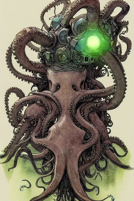 Image similar to a simple and atmospheric watercolour fantasy character concept art portrait of a mechanized android octopus as a druidic warrior wizard looking at the camera with an intelligent gaze, very muted colors, by rebecca guay, michael kaluta, charles vess and jean moebius giraud