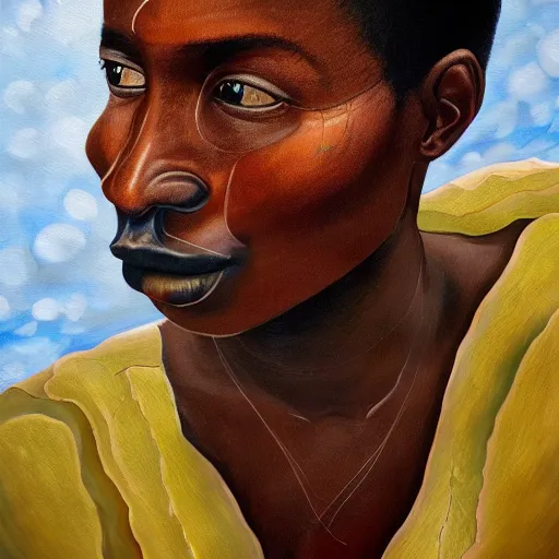 Image similar to a painting of a elegant, well fed, smooth-chinned, long nose, African elder with few eyebrows by Wangechi Mutu . thinker without facial hair, thoughtful, focused, visionary, calm, jovial, loving, fatherly, generous, . dramatic angle, ethereal lights, details, smooth, sharp focus, illustration, realistic, cinematic, artstation, award winning, rgb , unreal engine, octane render, cinematic light, macro, depth of field, blur, red light and clouds from the back, highly detailed epic cinematic concept art CG render made in Maya, Blender and Photoshop, octane render, excellent composition, dynamic dramatic cinematic lighting, aesthetic, very inspirational, arthouse.