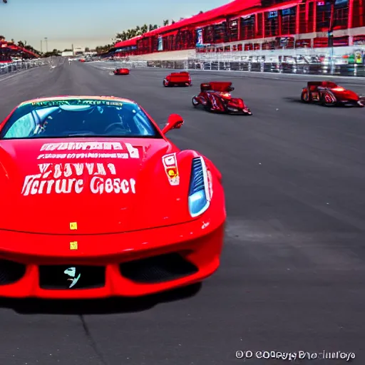 Prompt: ferrari wins in las vegas street circuit. dslr, 8 k, iso 2 0 0 0