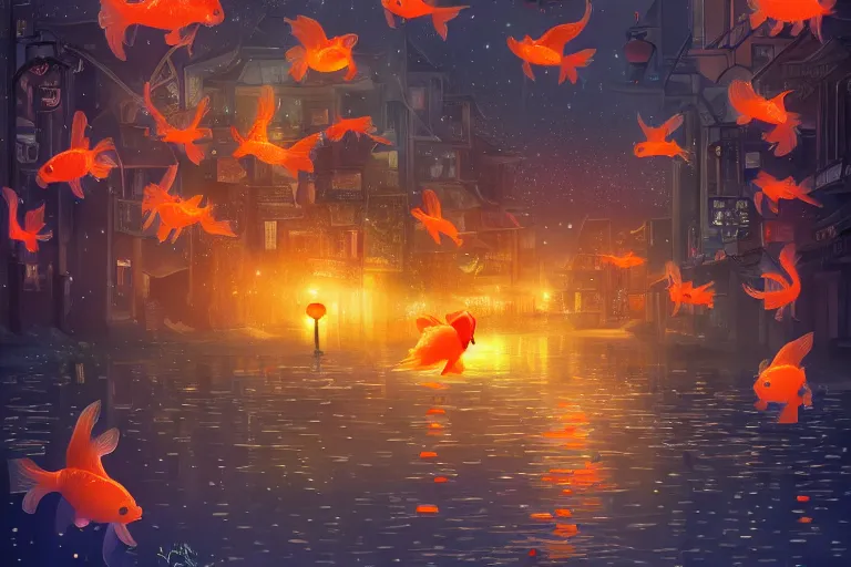 Prompt: fantasy art of glowing goldfish swimming in the air, in the streets of a japanese town at night, with people watching in wonder, in the style of ponyo, highly detailed digital art, trending on artstation