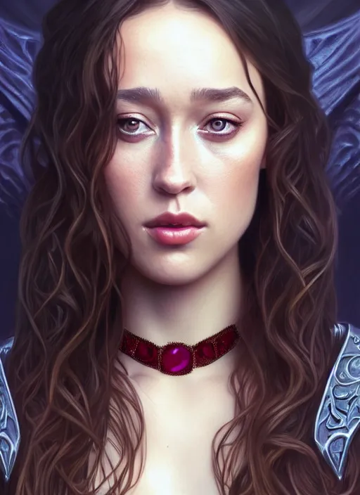 Image similar to portrait of alycia debnam - carey as a vampire lord, jewelry, greek, ruby, intricate, headshot, highly detailed, digital painting, artstation, concept art, sharp focus, cinematic lighting, illustration, art by artgerm and greg rutkowski, alphonse mucha, cgsociety