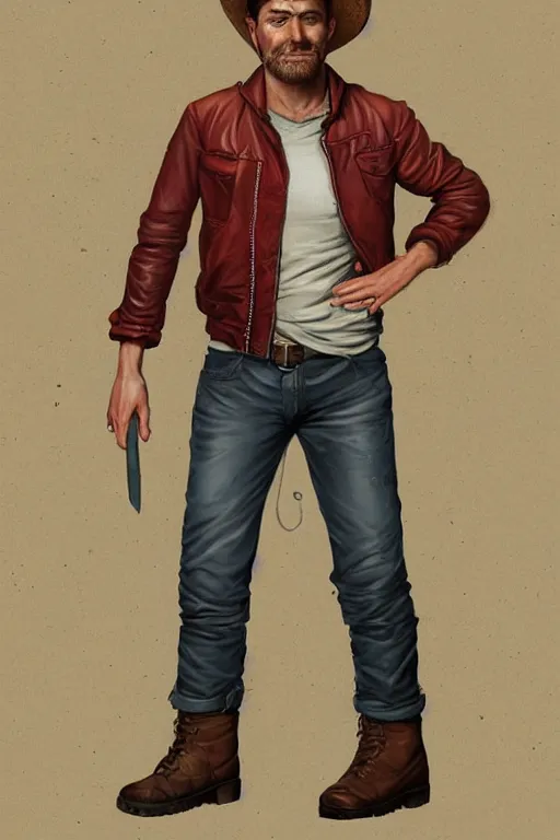 Prompt: character design, reference sheet, 40's adventurer, unshaven, optimistic, stained dirty clothing, straw hat, heavy boots, red t-shirt, dusty brown bomber leather jacket, detailed, concept art, photorealistic, hyperdetailed, , art by Leyendecker