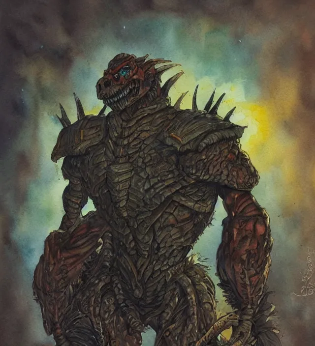 Image similar to a 3 / 4 view watercolor ink painting of a humanoid demonic glowing deathclaw dressed as a raider in the style of jean giraud in the style of moebius trending on artstation deviantart pinterest detailed realistic hd 8 k high resolution