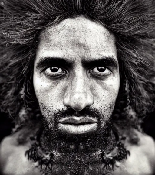 Image similar to Award winning photo of Mauri Natives with incredible hair and hyper-detailed eyes wearing traditional garb by Lee Jeffries, 85mm ND 5, perfect lighting, gelatin silver process