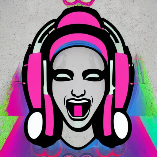 Image similar to svg vector sticker of absolutely divine-deity-angel-robotic-android-hybrid, rocking out, wearing headphones, huge speakers, dancing, rave, DJ, spinning records, digital art, amazing composition, rule-of-thirds, award-winning, trending on artstation, featured on deviantart