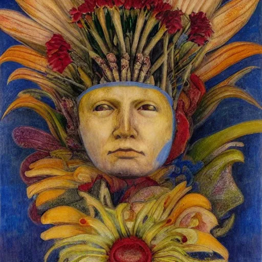 Image similar to closeup of a facemask made of flowers, by annie swynnerton and jean delville and edward hopper and diego rivera and evelyn de morgan and rufino tamayo, dark flower shaman, art brut, outsider art, symbolist, dramatic lighting, god rays, elaborate geometric ornament, clean crisp graphics, smooth sharp focus, extremely detailed, adolf wolfli