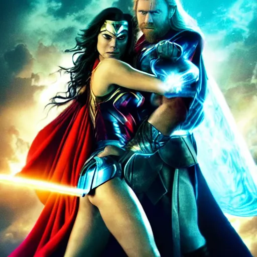 Image similar to thor and wonder woman in new york, fighting against villain electro, cinematic movie scene, epic fight, blue lightning, yellow lightning, photo, effects shot