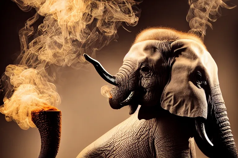 Image similar to ultra realistic photography, picture of ( subject : an elephant blowing smoke ). the scene is set in a gentlemens cigar lounge, a very smokey atmosphere, small thick clouds of cigar smoke, artstation, focus on the elephant, extremely detailed and crisply sharp photo, hyperrealistic smoke, figma, sigma, 4 k