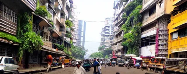 Image similar to streets of mumbai, future, mossy buildings