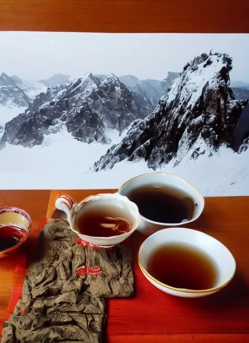 Prompt: Mountains, tea puer, Chinese philosopher, winters, thanka