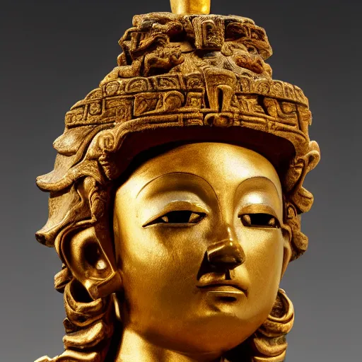 Image similar to a scenic view of an mayan goddess statue sculpted in wood with golden details by bernini and Antonio Corradini 8k, texturized