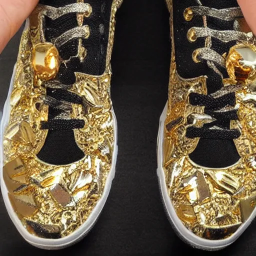 Prompt: sneakers swarovski damaged gold with red crest on top dark night artwork detailed intricate worn out metal, cinematic