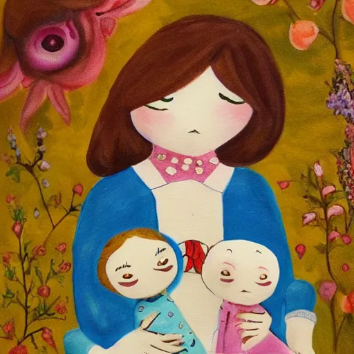 Prompt: woman with the magical ability to give life to the dolls she makes, painting