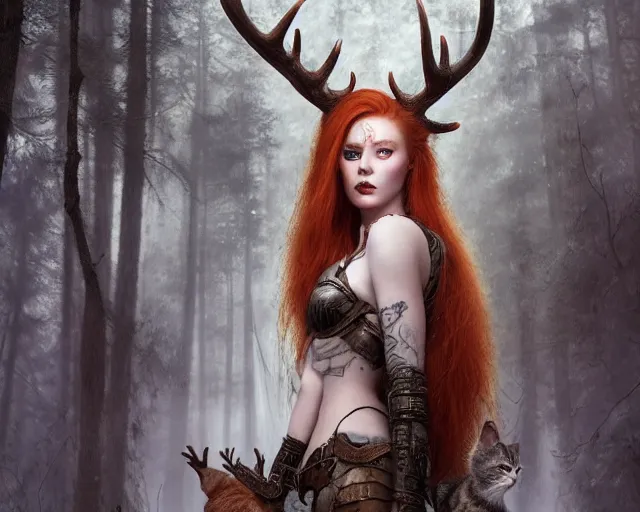 Image similar to 5 5 mm portrait photo of an armored gorgeous aesthetic redhead woman warrior with a face tattoo and antlers growing from her head and cat on her shoulder, in a magical forest in the style of luis royo. art by greg rutkowski. highly detailed 8 k. intricate. lifelike. soft light. nikon d 8 5 0.