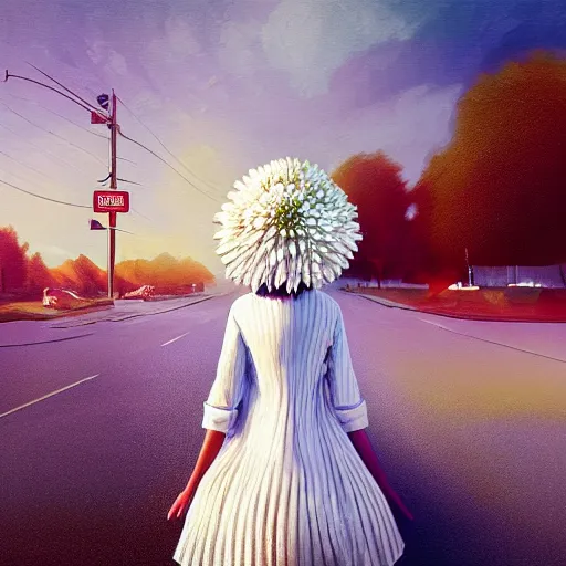 Image similar to giant white daisy flower head, frontal, girl in a suit, standing in street, surreal photography, sunrise, dramatic light, impressionist painting, digital painting, artstation, simon stalenhag