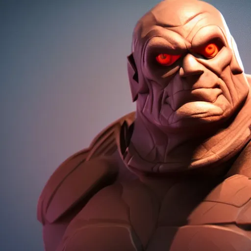 Image similar to hyperdetailed 3 d cartoon render of cartoon darkseid in a confident expressive pose, cartoon eyes, exaggerated facial features, cute cartoon style, white background, low angle shot, cinematic studio lighting, studio quality, octane render, unreal engine 5, trending on artstation, art by sebastian jm, 8 k