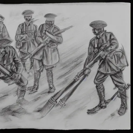Image similar to charcoal sketch of german WW1 soldiers fighting zombies with flame throwers